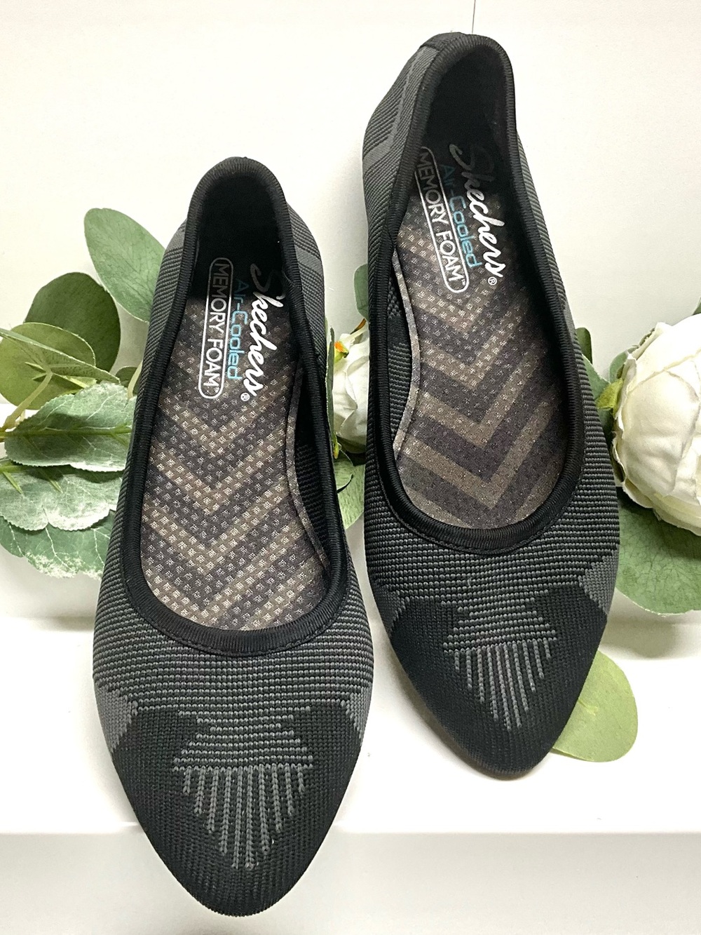Skechers Black and Gray Knit Slip-On Pointed Toe Flats